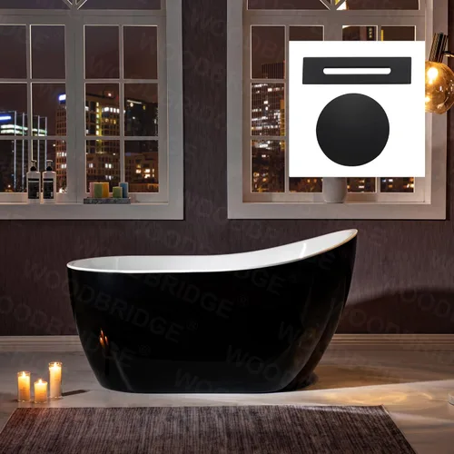 Miniatura 14 de Woodbridge B-1807 - Bañera de acrílico independiente contemporánea con desbordamiento y drenaje de níquel cepillado BTA1807-B, bañera de 54 Negro