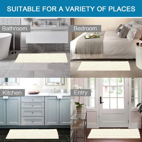 Miniatura 6 de H.VERSAILTEX Alfombras de baño antideslizantes de lujo de chenilla a rayas para el baño, alfombra absorbente antideslizante, suave y esponjosa, Crema