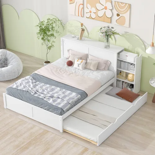 Miniatura 4 de RUNNA Elegante cama de plataforma de tamaño Queen con estantes extraíbles, cama de almacenamiento de madera con nido de tamaño individual