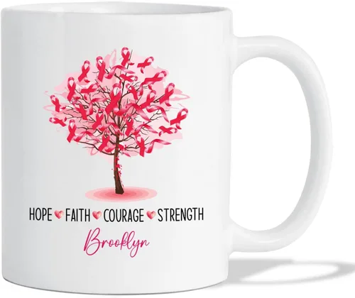 Miniatura 16 de Taza de café de concientización sobre el cáncer de mama con nombre personalizado, taza de café de 11 onzas, taza de té de cerámica blanca