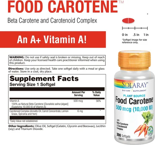 Miniatura 3 de SOLARAY Alimentos Caroteno, Vitamina A 10000 UI Piel saludable, ojos, antioxidantes y apoyo inmunológico (200 CT)