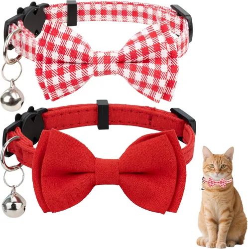 Miniatura 10 de Collar de gato con campana para niño y niña, pajarita de seguridad, a cuadros, color sólido, conjunto de regalo, lindo festivo, [2 piezas], verde