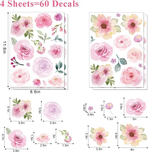 Miniatura 4 de AOWDIAO 60 calcomanías de pared de flores para despegar y pegar, vinilo de acuarela, peonía floral y hojas, calcomanías de pared de flores pastel