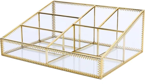 Organizador de maquillaje dorado vintage, organizador de maquillaje de cristal, organizador de encimera para brochas de maquillaje, tocador, vitrina