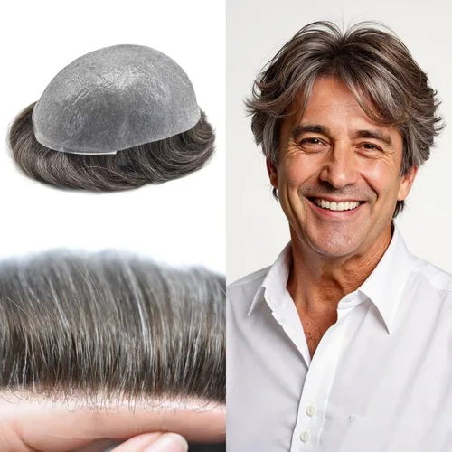 Miniatura 106 de FNY HAIR - Tupé para hombres, sistema de cabello humano, piel ultrafina, PU con bucle en V, prótesis de cabello natural para hombres, #1B05 1B# OFF