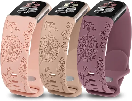 Miniatura 11 de Minyee Paquete de 3 bandas grabadas florales compatibles con Fitbit Charge 6 bandas/Fitbit Charge 5 bandas para mujer, lindo diseño de flores