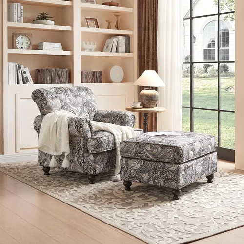 Miniatura 5 de Silla decorativa moderna, sillón tapizado de felpilla con patas de madera maciza, diseño floral para sala de estar, dormitorio, sala de lectura