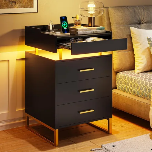 Miniatura 11 de BTHFST Mesita de noche LED con estación de carga, mesita grande con 3 cajones y 1 bandeja extraíble, mesa de noche moderna con luces LED, mesa
