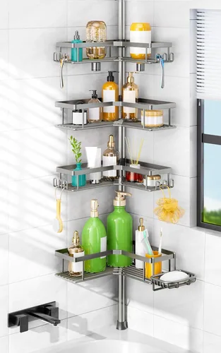 Miniatura 7 de HAMITOR Poste de tensión para ducha: organizador de baño de esquina a prueba de óxido de 4 niveles con soporte para jabón y ganchos - estante