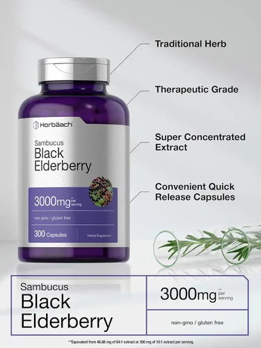 Miniatura 3 de Horbäach Baya de saúco negro Cápsulas de 3000 mg 300 unidades Sin OMG, sin gluten Suplemento Sambucus