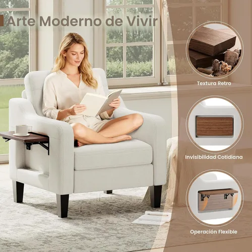 Miniatura 4 de Silla de acento para sala de estar, sillón moderno tapizado en lino, silla de sofá lateral de tela con estructura de madera con mesa plegable, 2