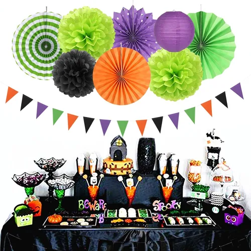 Miniatura 5 de Decoraciones de Halloween en negro, púrpura y naranja-verde - 20 piezas de linternas de papel, pompones de seda, bolas de panal, decoración