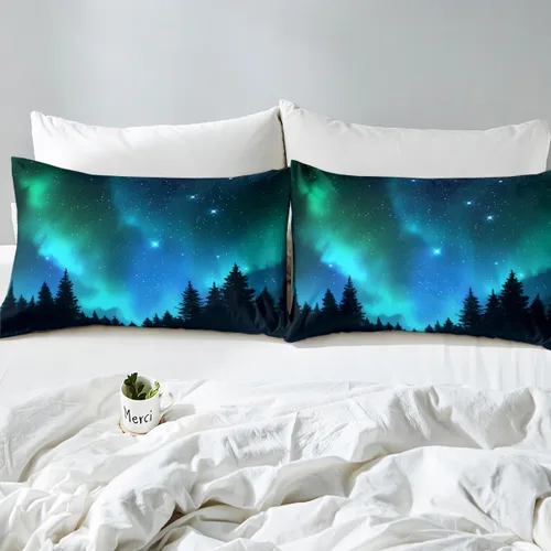 Miniatura 4 de Erosebridal Juego de sábanas de tamaño individual de galaxia con luces polares verde azulado para niños, noche oscura, cielo estrellado, sábana