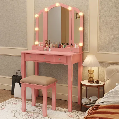 Miniatura 3 de YIXHQ Tocador con luces para niñas, juego de escritorio con cajones, tocador de maquillaje con espejo y luces, tocador de maquillaje rosa