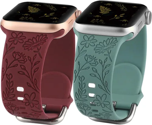 Paquete de 2 correas deportivas grabadas con flores compatibles con correas de Apple Watch de 1.496 pulgadas, 1.575 pulgadas, 1.614 pulgadas, Vino