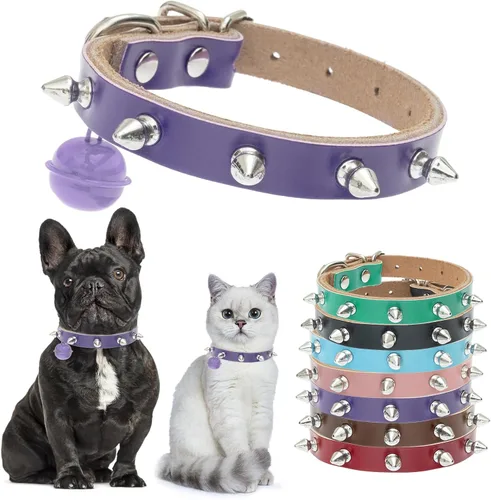 Miniatura 13 de BINGPET Collar de piel con clavos para gatos con campanas, collar de perro tachonado con hebilla, collares góticos suaves para gatitos con púas