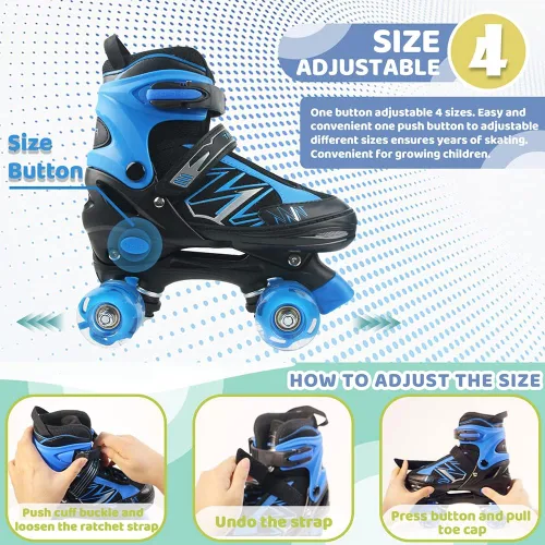 Patines de ruedas para niños y niñas, niños pequeños, principiantes, ajustables, 4 tamaños, patines cuádruples para niños con todas las ruedas Negro