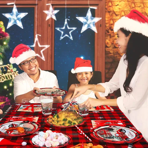 Miniatura 4 de Juego de vajilla desechable de 194 piezas de Feliz Navidad, suministros de fiesta de Navidad a cuadros, incluye platos de camión rojos, tazas