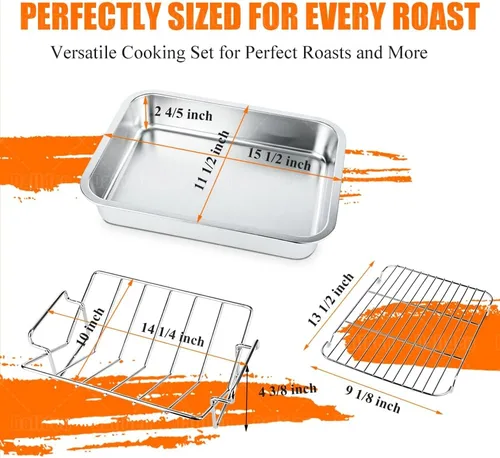 Miniatura 3 de Kit de sartenes para asar pavos de acero inoxidable de 15.5 x 11.5 pulgadas, para hornos, parrilla en V y estante de refrigeración, bandeja de asado