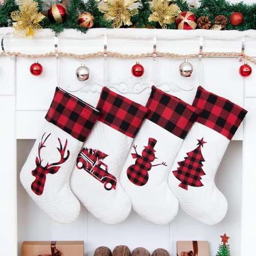 Miniatura 6 de LUBOT Juego de 4 medias de Navidad grandes para la familia, 20 pulgadas, silueta de búfalo rojo a cuadros para colgar en la chimenea, decoración