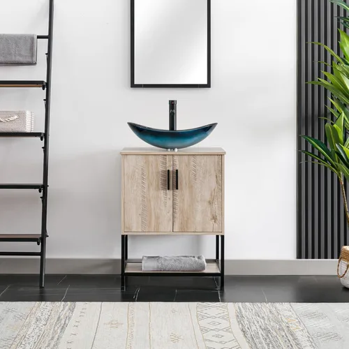 eclife Lavabo de tocador de baño de 24 pulgadas, gabinete de metal moderno con estante inferior, fregadero azul para barco y grifo de ahorro de agua
