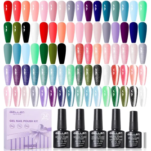 GELLEN Juego de 24 esmaltes de uñas de gel, 20 colores de esmalte de gel UV, rojo, azul, verde, Hema TMPTA TPO 3 libre con capa base y capa superior