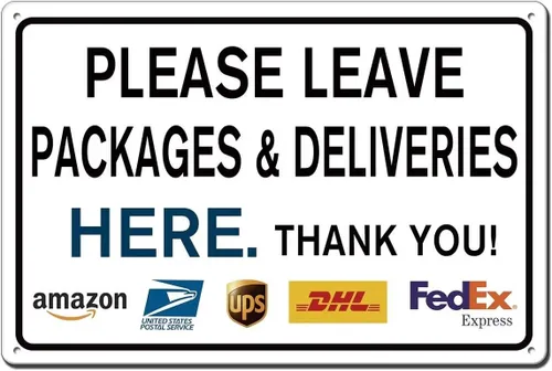 Letrero de metal con texto en inglés «Please Leave Packages Deliveries Here» para interiores y exteriores, para puerta delantera, porche, oficina, 8