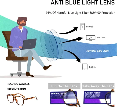 Miniatura 7 de Gafas de lectura de aviador para mujeres y hombres, 4 pares de lectores de bisagra de resorte con bloqueo de luz azul de gran