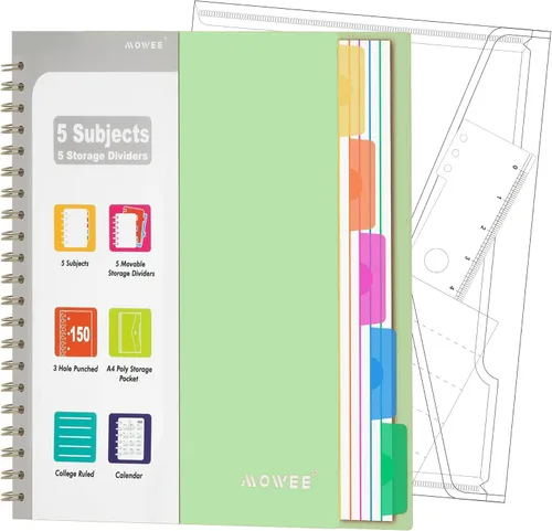 Miniatura 14 de Cuaderno de 5 materias – Cuaderno de espiral, cuaderno de rayas universitarias con bolsillo divisor, pestañas, regla de 11 pulgadas, 200 páginas