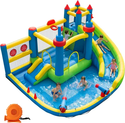 Miniatura 2 de Tobogán acuático inflable para patio trasero de niños con soplador de 450 W, castillo de salto con tobogán de agua, parque acuático para actividades