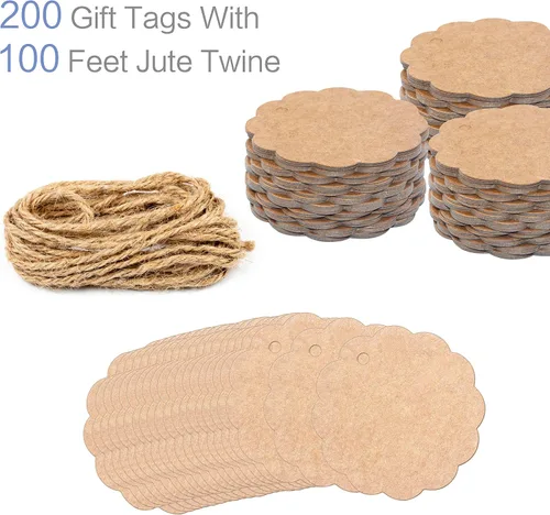Miniatura 2 de 200 etiquetas de regalo de papel estraza festoneado con cuerda de yute natural de 100 pies para embalaje de manualidades, la etiqueta mide 2.4