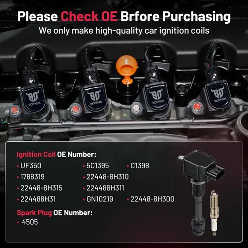 Miniatura 3 de BDFHYK Paquete de Bobina de Encendido UF350 y Bujías de Iridio 4505 Compatibles con Nissan 2002-2006 Altima 2002-2006 Sentra L4 2.5L Juego de 4
