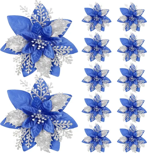 Miniatura 21 de Canlierr 12 piezas flores de Pascua de Navidad de 5.7 pulgadas con purpurina, flores artificiales con clips, adorno de árbol de Navidad para corona