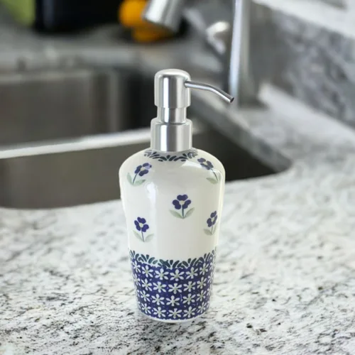 Miniatura 2 de Cerámica polaca de rosa azul, dispensador de jabón de margaritas azules, 6.75 pulgadas de alto, accesorio de baño de cerámica polaca pintado a mano