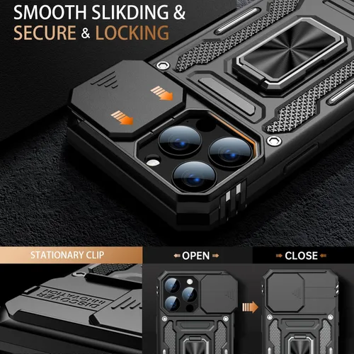 Miniatura 2 de MERRO Funda para iPhone 13 Pro con protector de pantalla, protección de cámara deslizante, funda resistente de grado militar con soporte magnético