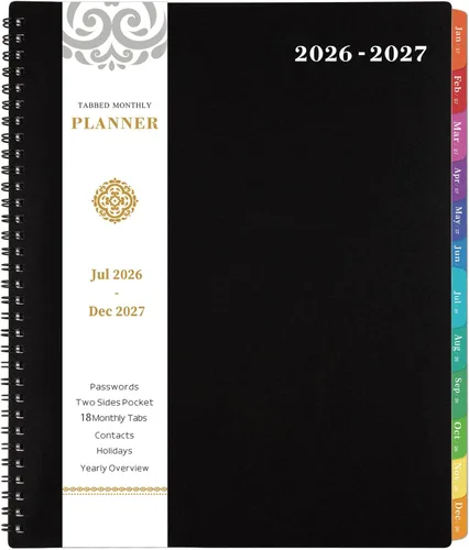 Agenda mensual 2026 - Agenda 2026, agenda de enero 2026 a diciembre 2026, calendario mensual de 12 meses con pestañas y bolsillo, etiquetas,