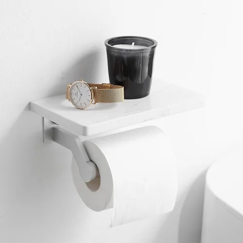 Miniatura 2 de Soporte de papel higiénico de aluminio plateado cepillado Hoimpro con estante de mármol natural blanco, soporte de almacenamiento de rollo de papel