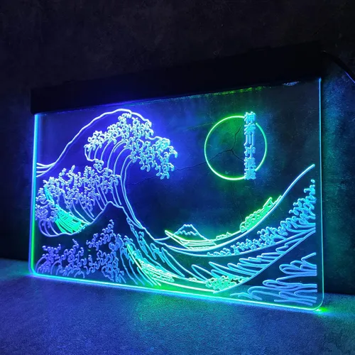 Miniatura 5 de Letrero de neón LED The Great Wave Off Kanagawa, letrero japonés de Katsushika Hokusai clásico, arte de pared para habitación, letreros de luz