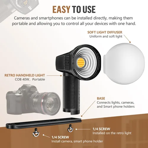 Miniatura 7 de LENSGO Luz de cámara retro 40H, 40 W bicolor 2700K-7000K CRI 96+ luz de video, 2600 mAh, 8 modos de luz, brillo ajustable y temperatura