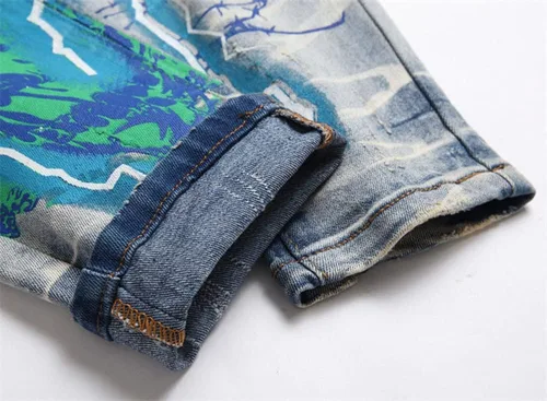 Miniatura 6 de Jeans de graffiti hip hop para hombre, rasgados, ajustados, desgastados, desgastados, ajustados, elásticos, con estampado casual