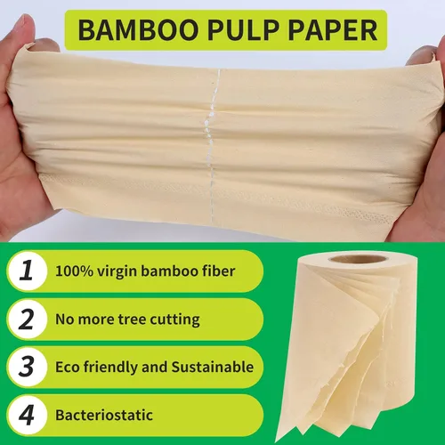 Miniatura 7 de Papel higiénico de bambú, 4 capas, 18 rollos, 200 hojas por rollo, total de 3600 hojas, sin blanquear, sostenible y sin árboles, suave, fuerte