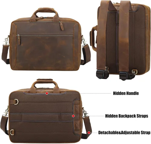 Miniatura 2 de TIDING Mochila de cuero para laptop de 15.6 pulgadas, maletín convertible de negocios, bolso bandolera de hombro, color marrón