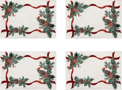 Miniatura 2 de Lintex Evergreen Garland - Manteles individuales de tela navideña con borde de doble cinta, juego de 4, diseño de acebo y piña, fácil cuidado