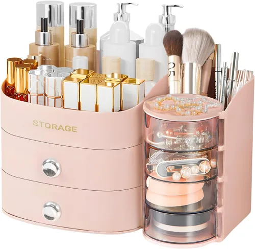 XIAPIA Organizador de maquillaje para encimera, organizador de maquillaje para tocador, cuidado de la piel y organizadores de cosméticos con Rosa