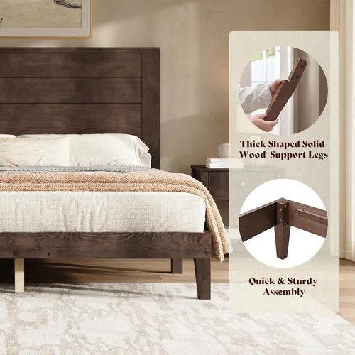 Miniatura 6 de AMERLIFE Base de cama tamaño Queen con cabecera de 48 pulgadas de alto, cama de plataforma de madera maciza moderna de mediados de siglo con sistema