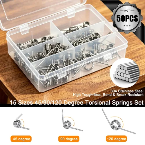 Miniatura 4 de Dianrui Kit surtido de 50 resortes torsionales, 45/90/120 grados, 15 tamaños, acero inoxidable 304, mecánico, pequeño resorte de torsión