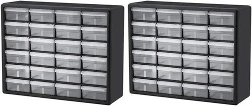 Akro-Mils 10124 - Gabinete de 24 cajones de plástico para guardar herrajes, piezas y manualidades, negro (paquete de 1) y 24 gabinetes 10724,