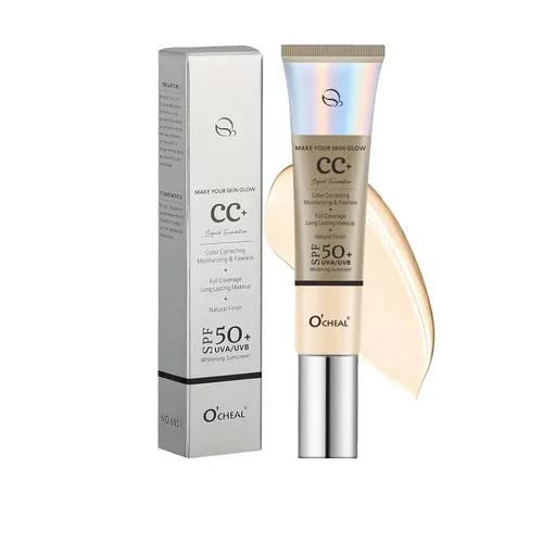 O'CHEAL Base CC con SPF 50+, hidratante de cobertura completa, corrector de color, base en polvo, ligera, impermeable, sin aceite, para todo tipo de