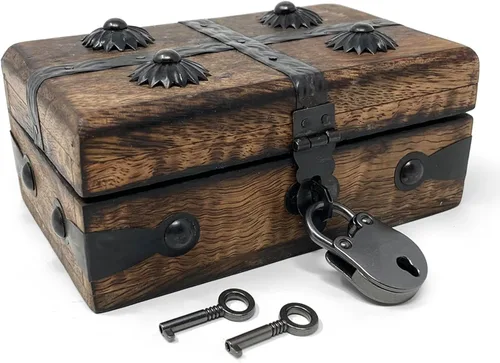 Nautical Cove - Cofre del tesoro de madera con cerradura de hierro antigua y llave de esqueleto (XS, 5 x 3 x 2) - Almacenamiento y decoración –