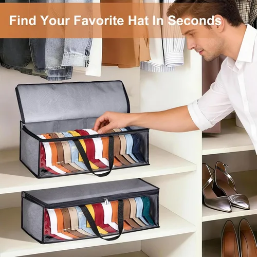 Miniatura 3 de KIMBORA Organizador de 2 piezas de sombreros anchos para gorras de béisbol con 2 asas resistentes, soporte para sombreros, caja de tapa gris